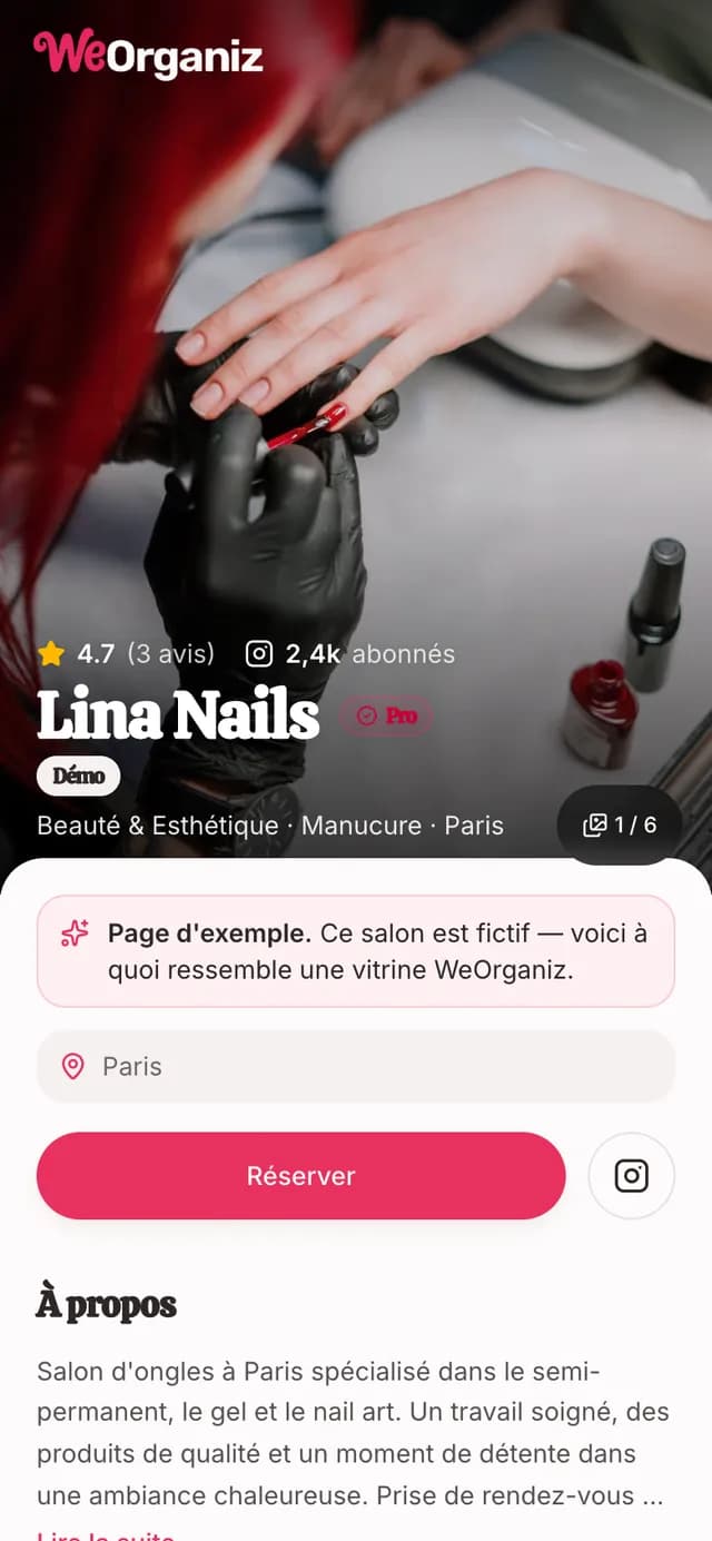 Aperçu de la page de Lina Nails, salon de manucure de démonstration : photo, note de 4,7 sur 5 et bouton Réserver